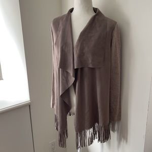 Muche et Muchette tan ultra suede and soft knit fringes waterfall cardigan